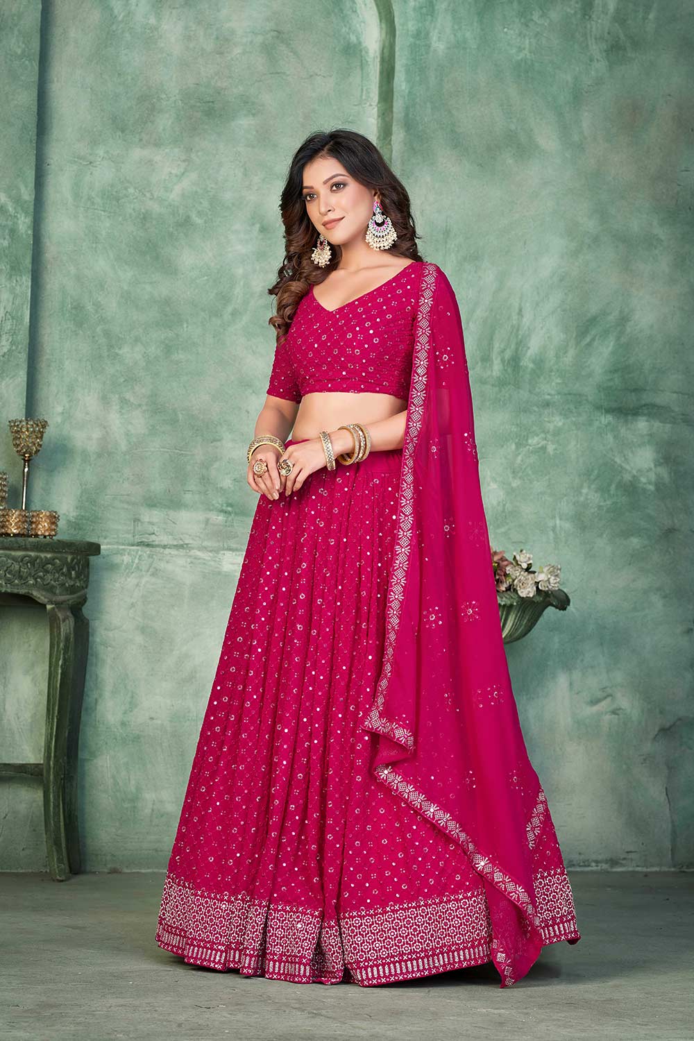 Pink Georgette Embroidery Round Neck Lehenga