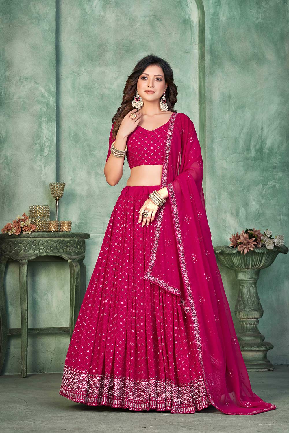 Pink Georgette Embroidery Round Neck Lehenga