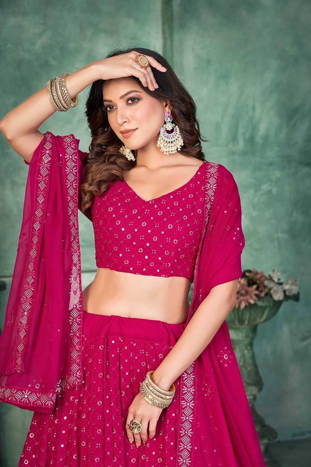 Pink Georgette Embroidery Round Neck Lehenga