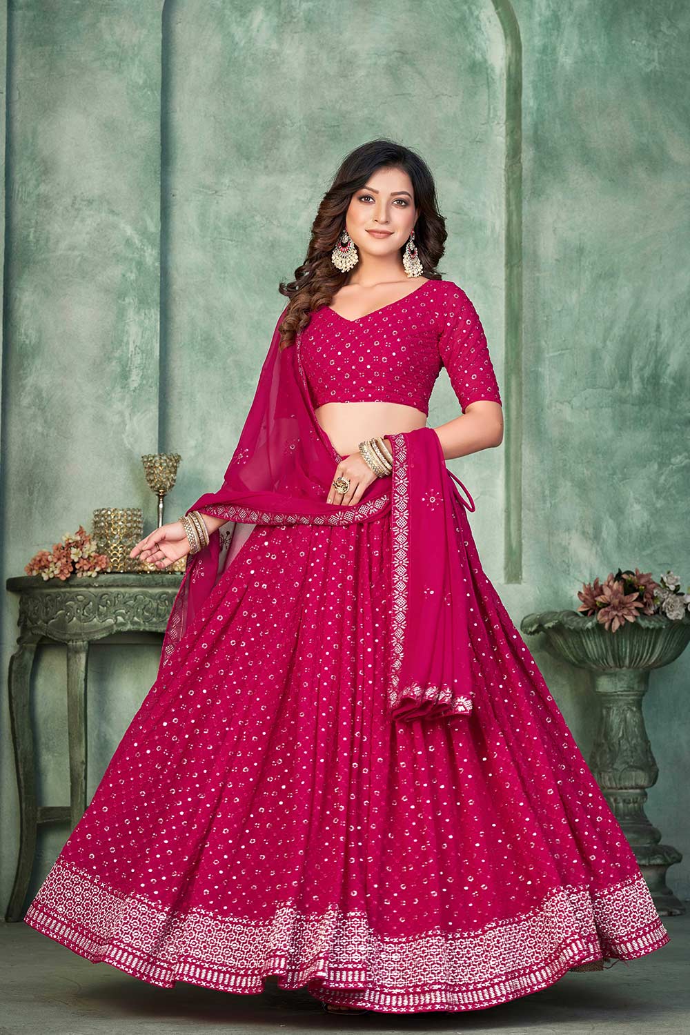 Pink Georgette Embroidery Round Neck Lehenga