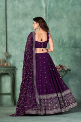 Purple Georgette Embroidery Round Neck Lehenga