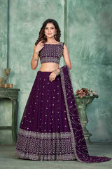 Purple Georgette Embroidery Round Neck Lehenga