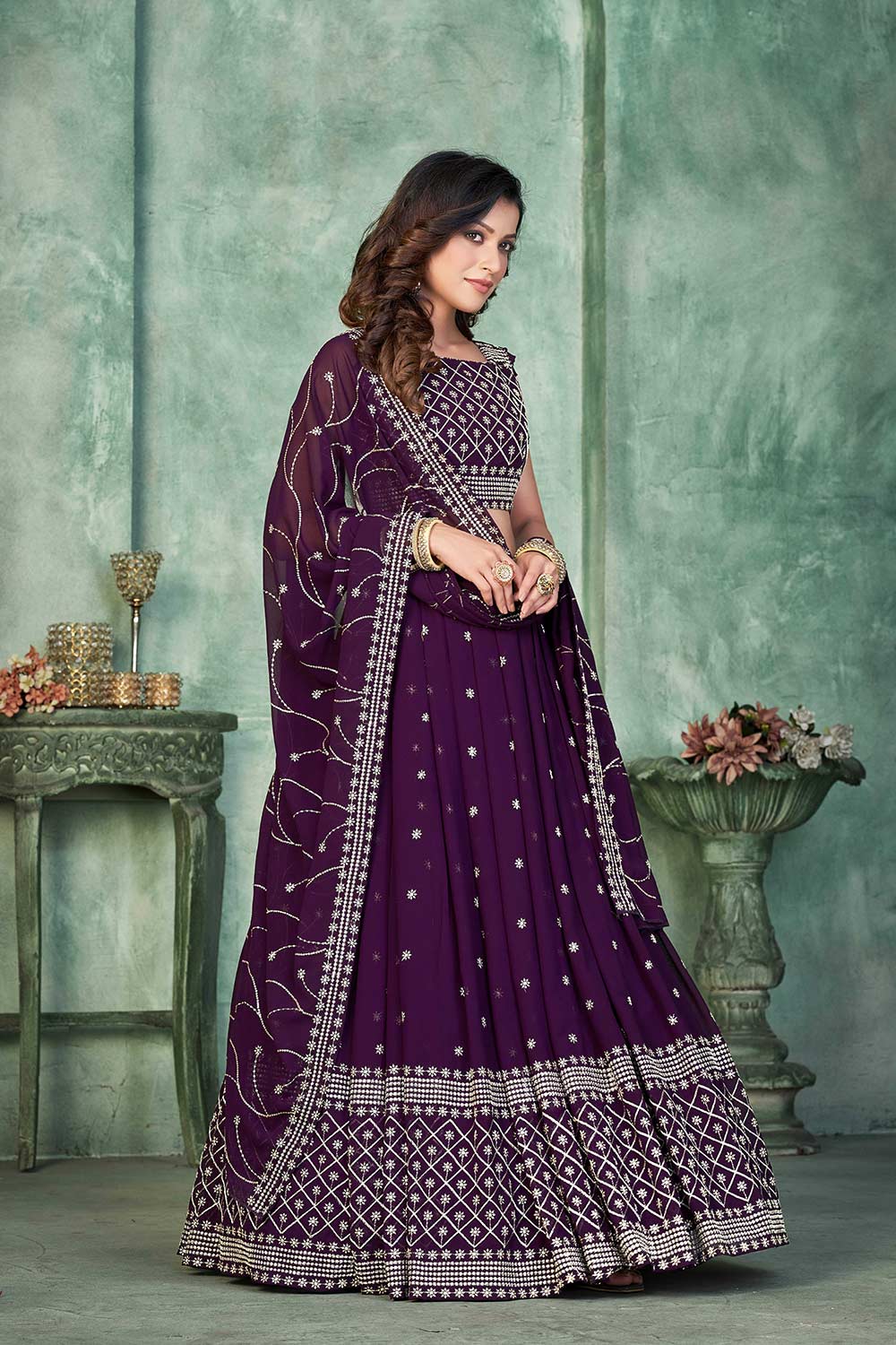 Purple Georgette Embroidery Round Neck Lehenga