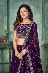 Purple Georgette Embroidery Round Neck Lehenga