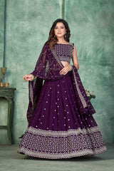 Purple Georgette Embroidery Round Neck Lehenga