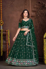 Dark Green Georgette Embroidery Round Neck Lehenga