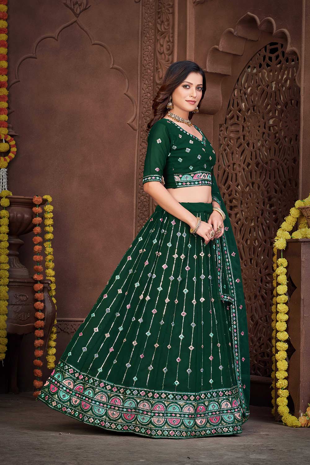 Dark Green Georgette Embroidery Round Neck Lehenga