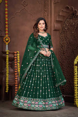 Dark Green Georgette Embroidery Round Neck Lehenga