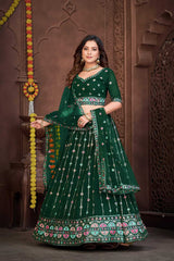 Dark Green Georgette Embroidery Round Neck Lehenga