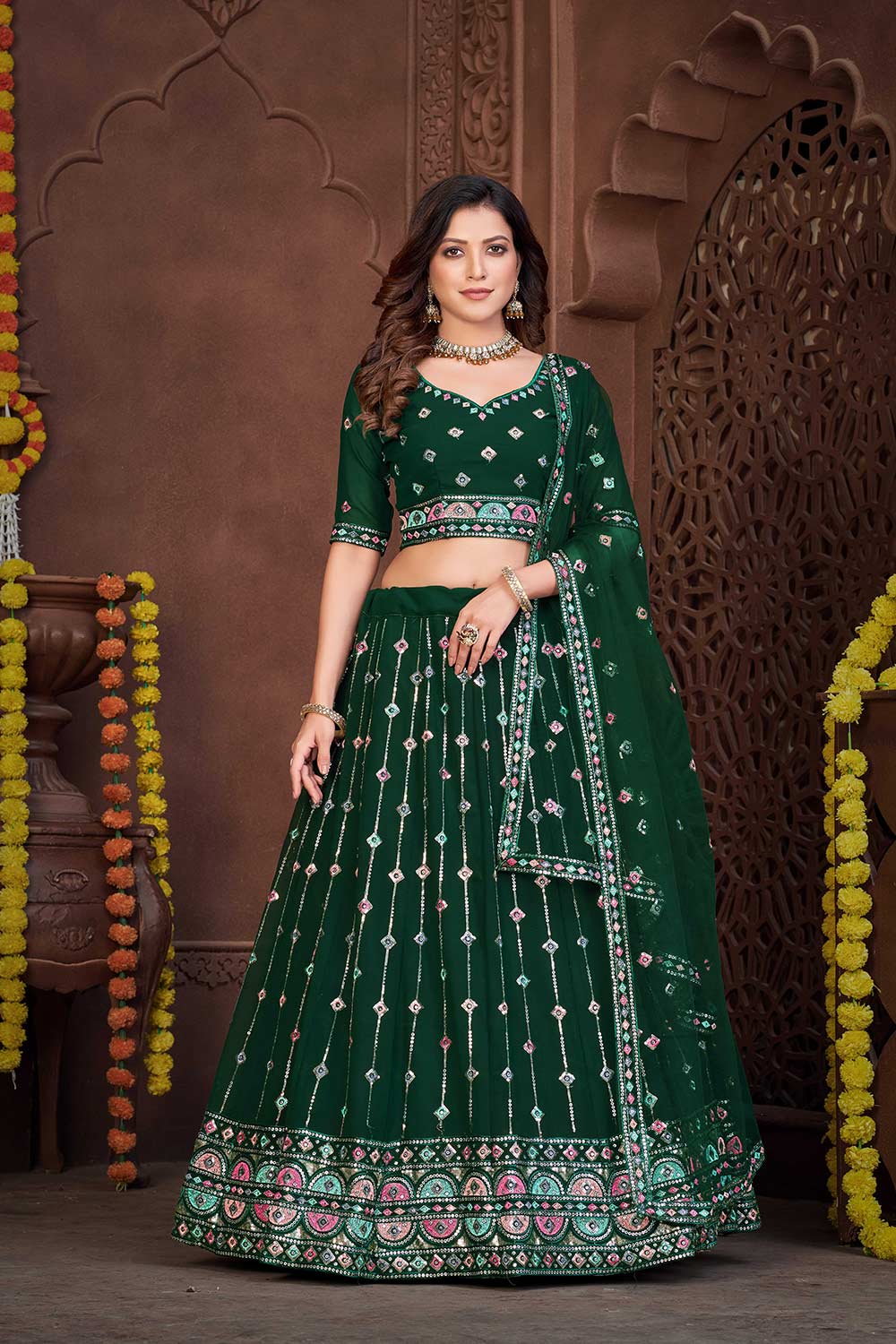 Dark Green Georgette Embroidery Round Neck Lehenga