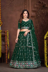 Dark Green Georgette Embroidery Round Neck Lehenga