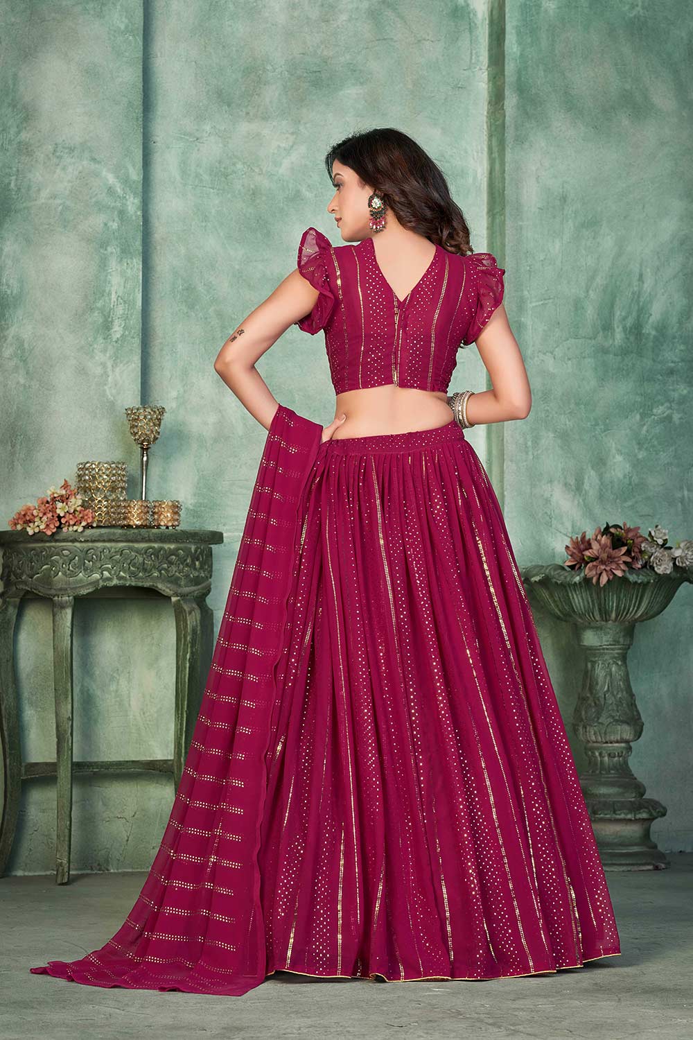 Pink Georgette Embroidery Round Neck Lehenga