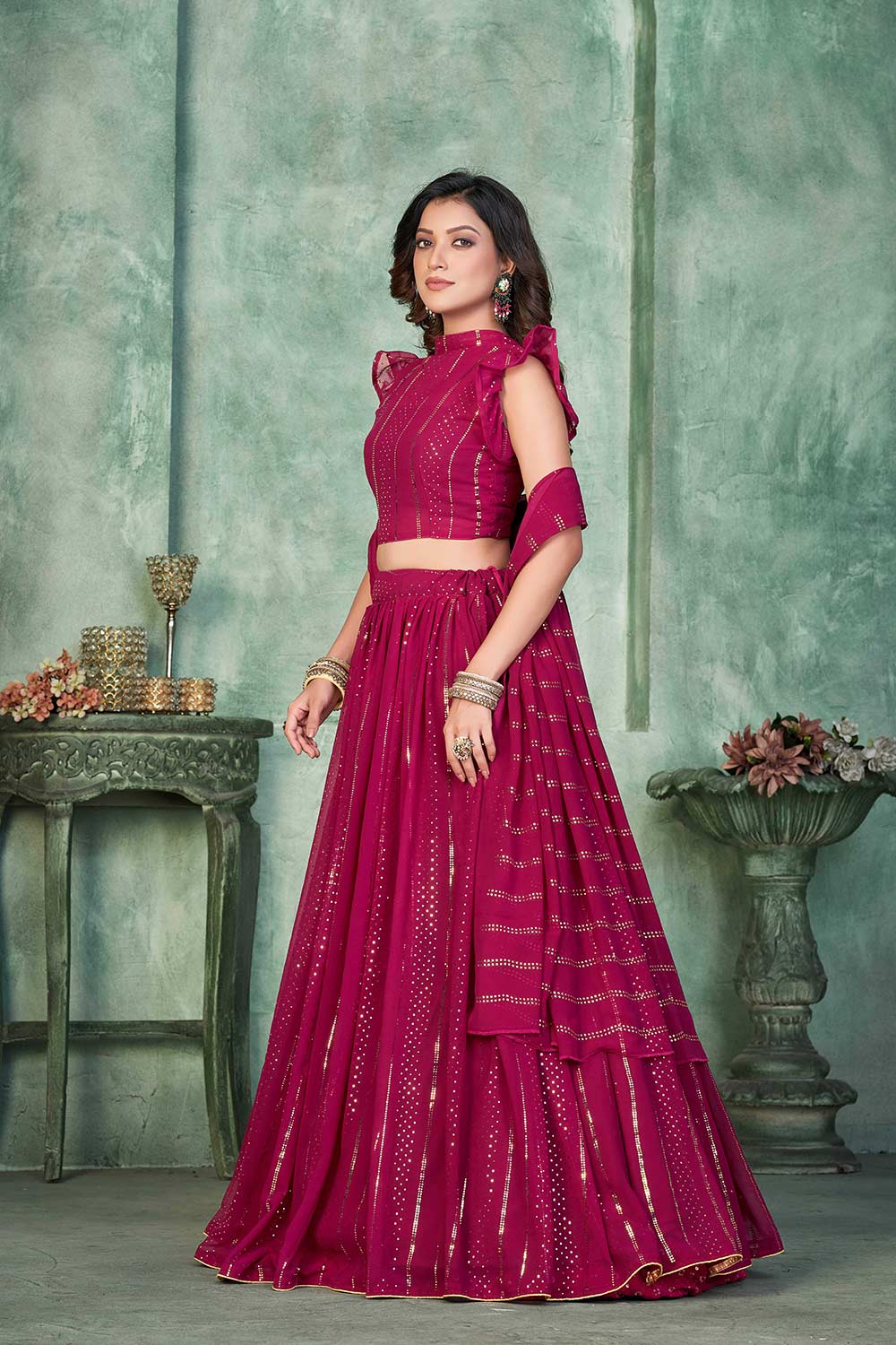 Pink Georgette Embroidery Round Neck Lehenga