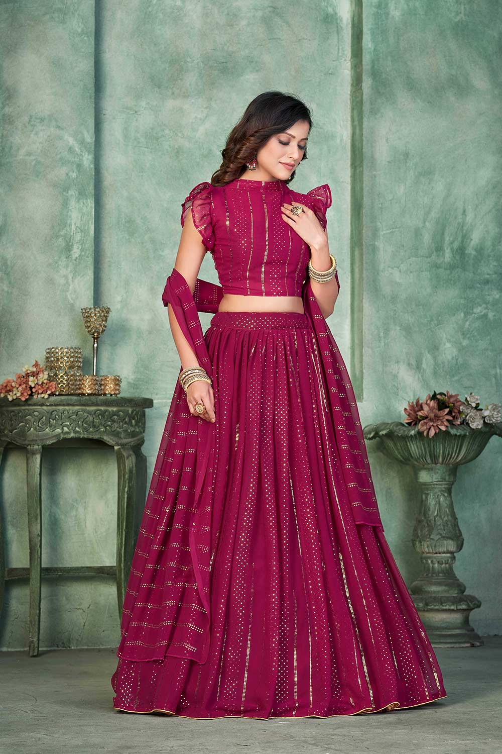 Pink Georgette Embroidery Round Neck Lehenga