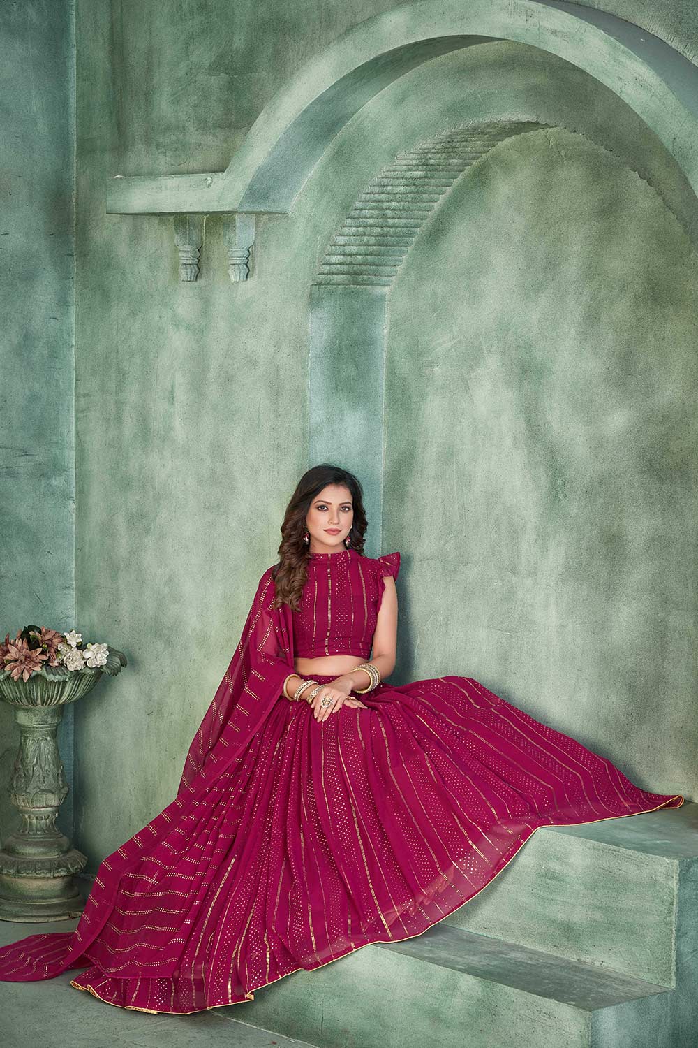 Pink Georgette Embroidery Round Neck Lehenga