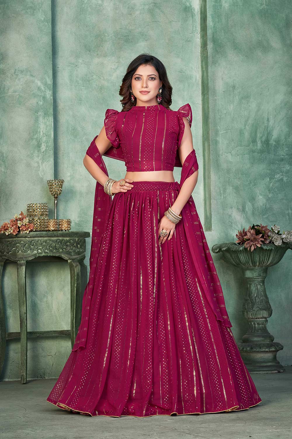 Pink Georgette Embroidery Round Neck Lehenga