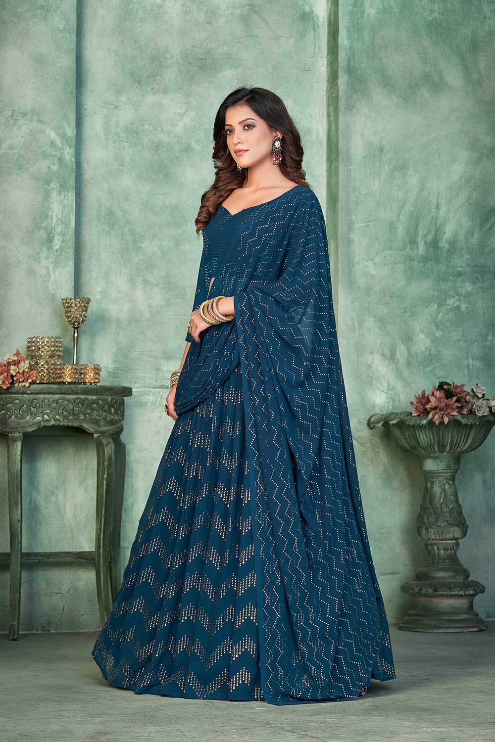 Aque Blue Georgette Embroidery Round Neck Lehenga