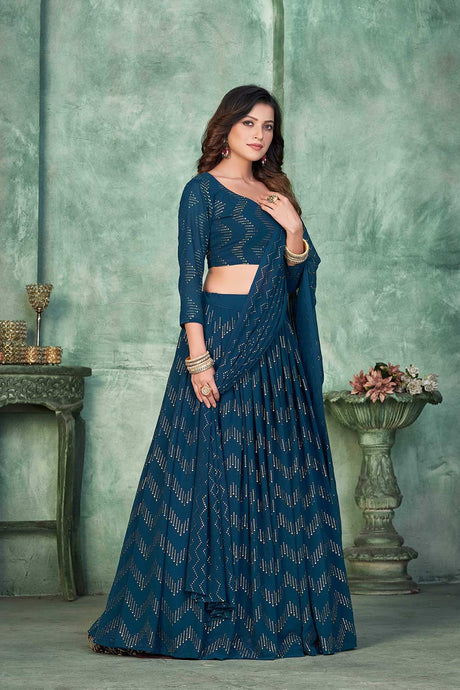 Aque Blue Georgette Embroidery Round Neck Lehenga