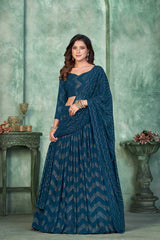 Aque Blue Georgette Embroidery Round Neck Lehenga