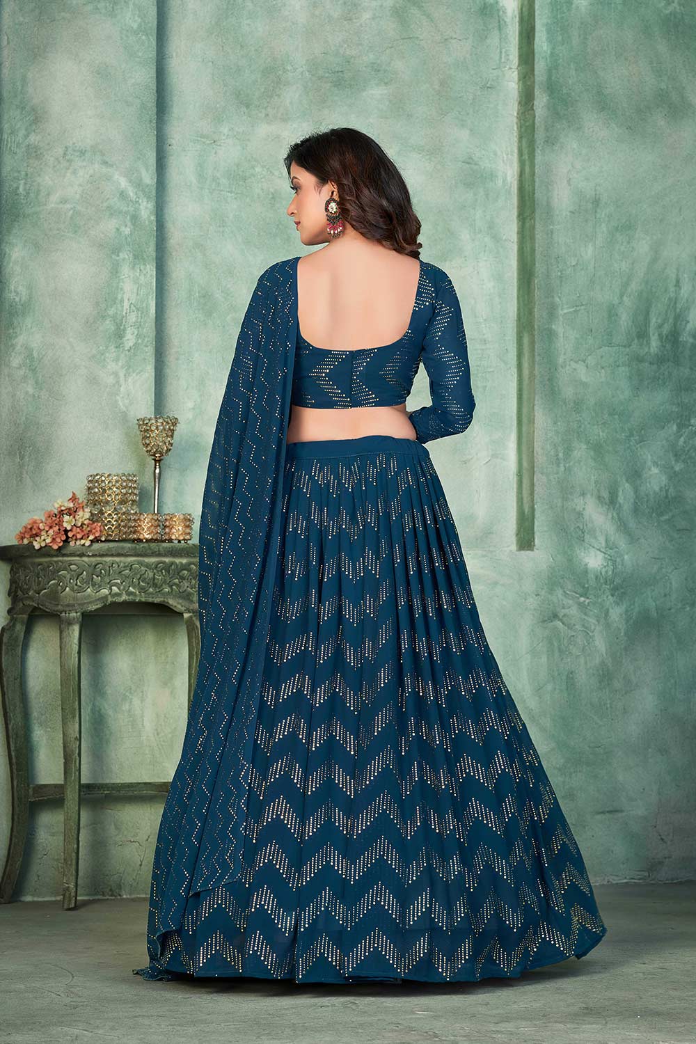 Aque Blue Georgette Embroidery Round Neck Lehenga