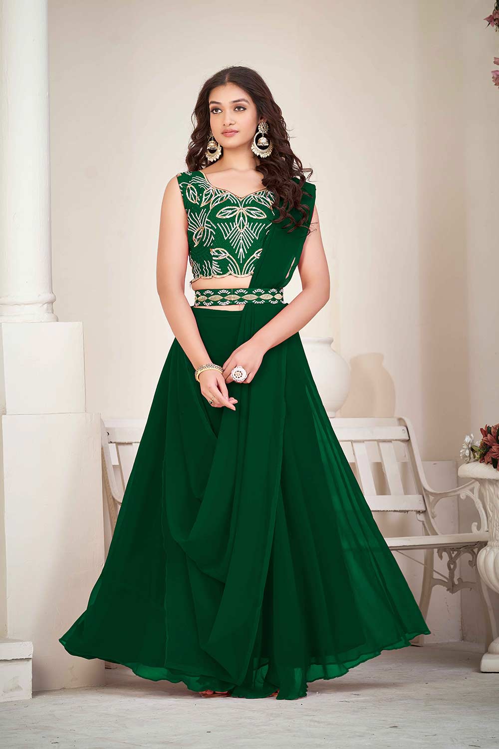 Green Greorgtte Embrodiery V-Neck Lehenga