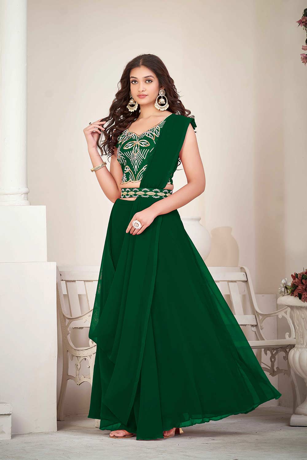 Green Greorgtte Embrodiery V-Neck Lehenga