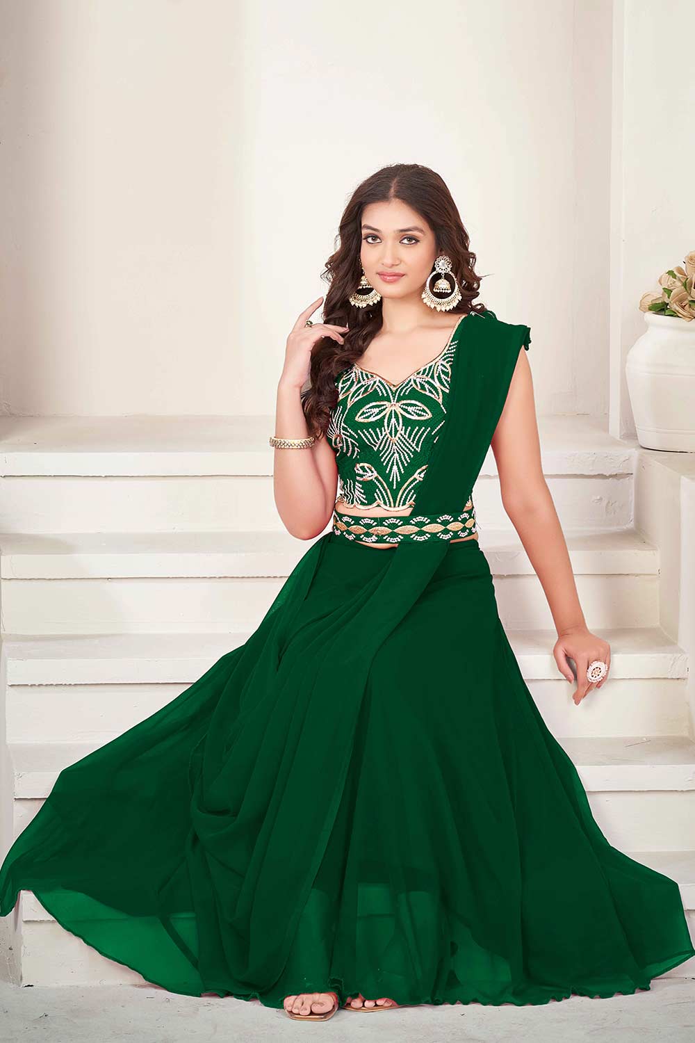 Green Greorgtte Embrodiery V-Neck Lehenga