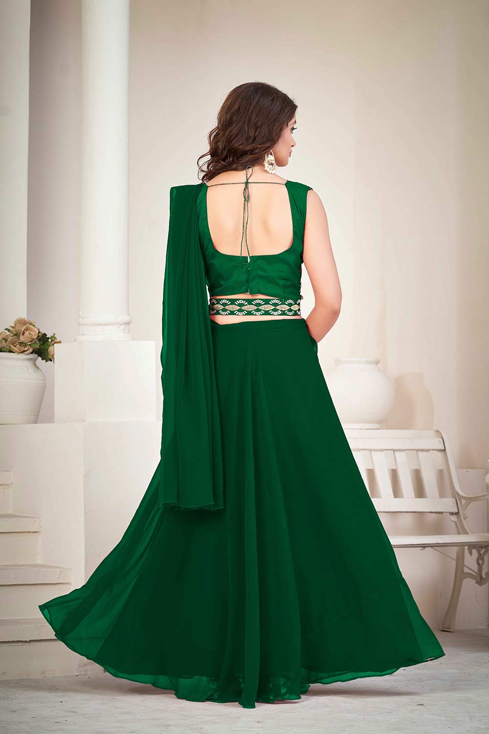 Green Greorgtte Embrodiery V-Neck Lehenga