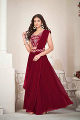 Maroon Greorgtte Embrodiery V-Neck Lehenga