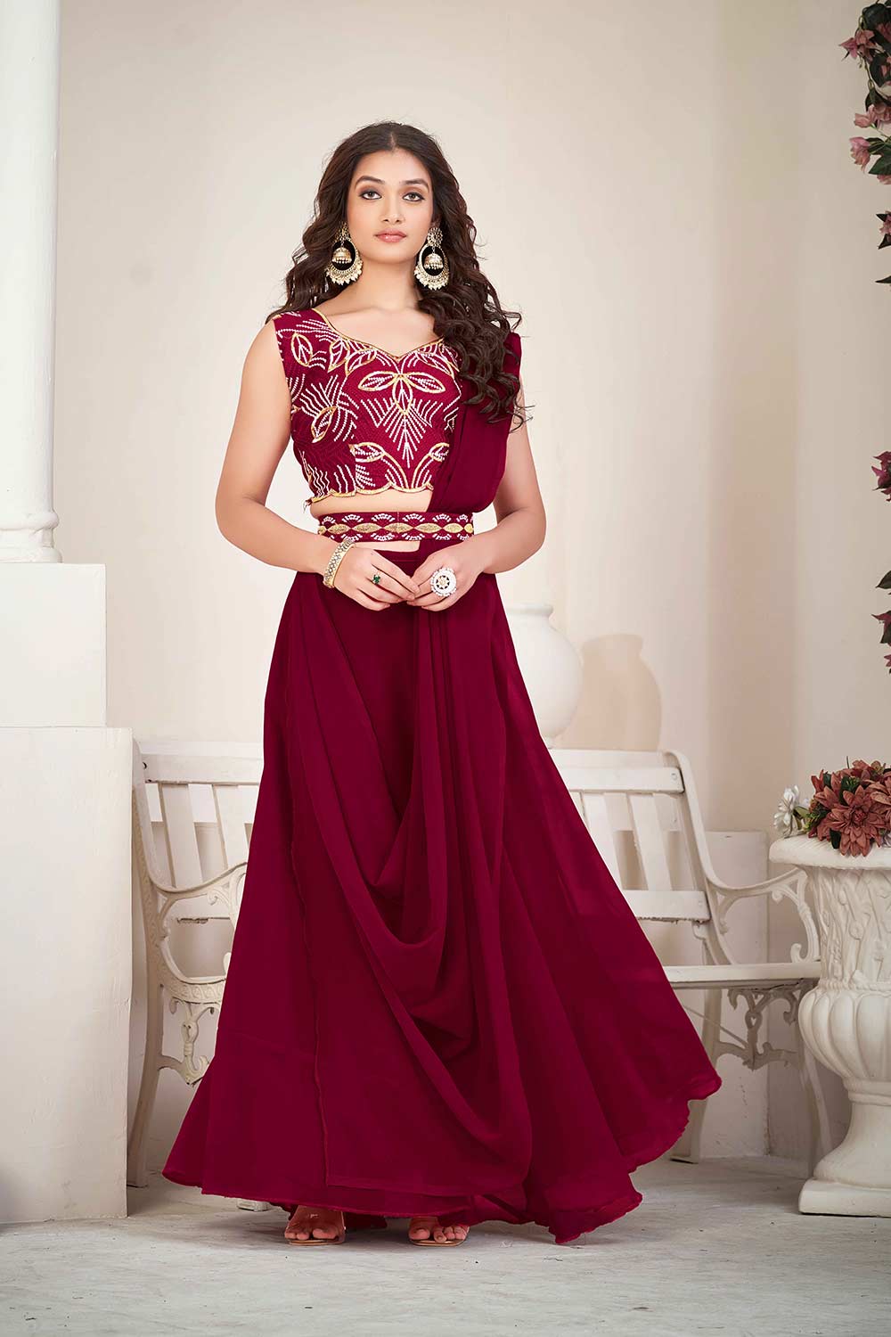 Maroon Greorgtte Embrodiery V-Neck Lehenga