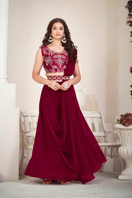 Maroon Greorgtte Embrodiery V-Neck Lehenga