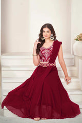 Maroon Greorgtte Embrodiery V-Neck Lehenga