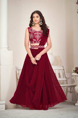 Maroon Greorgtte Embrodiery V-Neck Lehenga