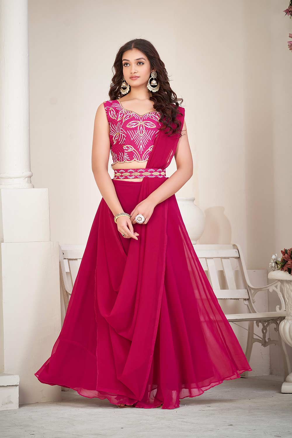 Pink Georgette Embroidery Round Neck Lehenga