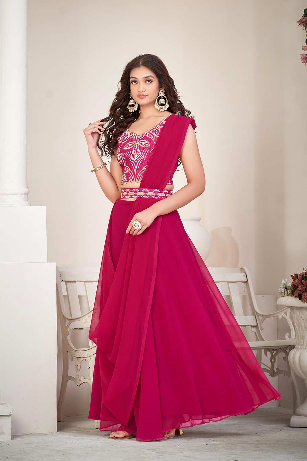 Pink Georgette Embroidery Round Neck Lehenga