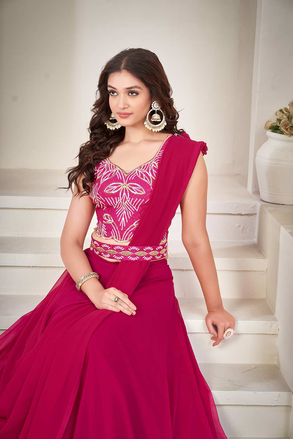 Pink Georgette Embroidery Round Neck Lehenga