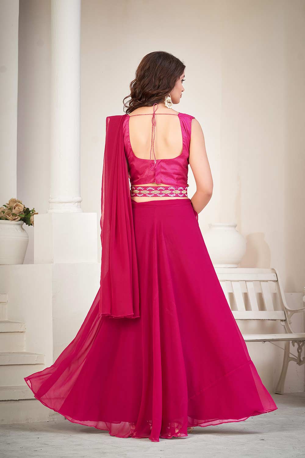 Pink Georgette Embroidery Round Neck Lehenga