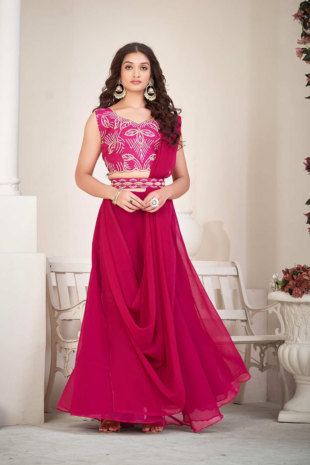 Pink Georgette Embroidery Round Neck Lehenga