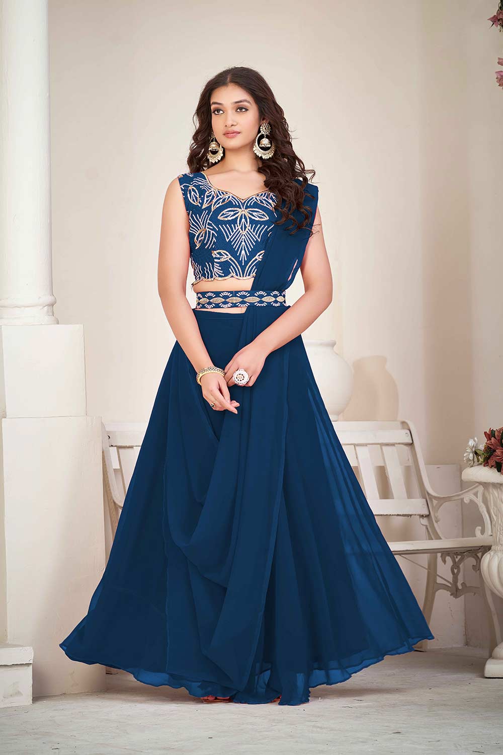 Rama Greorgtte Embrodiery V-Neck Lehenga