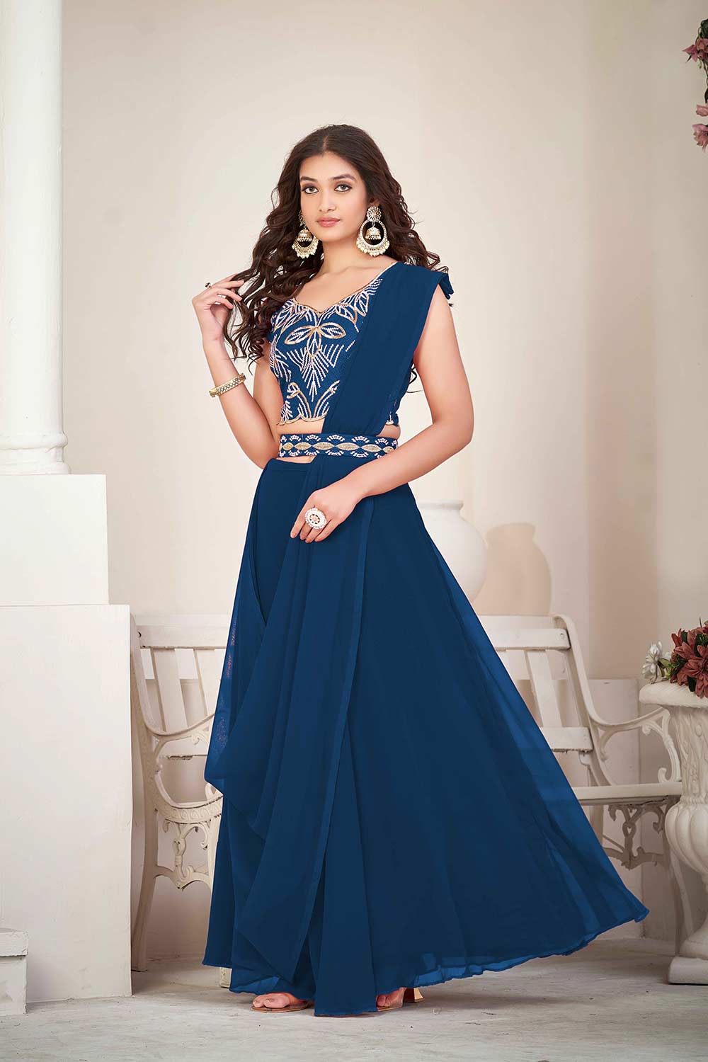 Rama Greorgtte Embrodiery V-Neck Lehenga