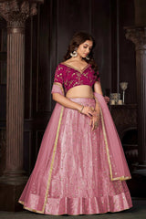 Baby Pink Net Embroidery , sequence . V-Neck Lehenga