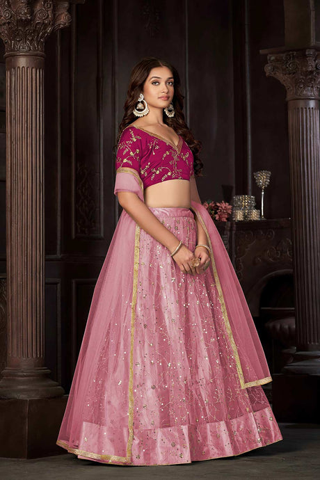 Baby Pink Net Embroidery , sequence . V-Neck Lehenga