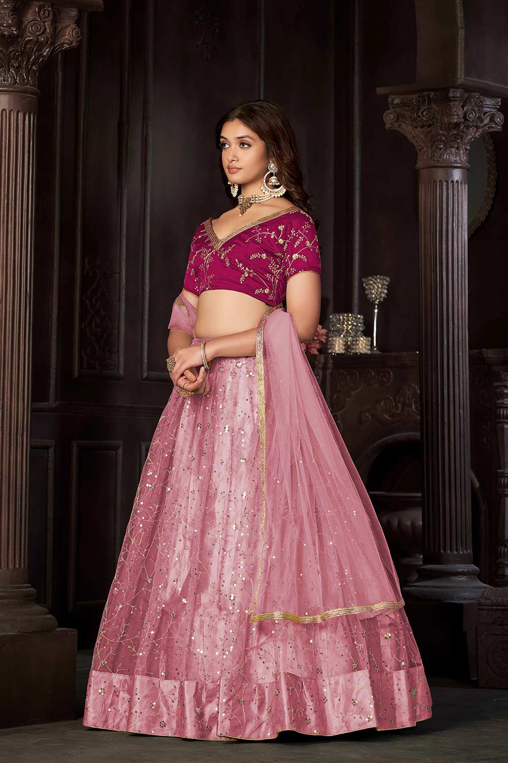 Baby Pink Net Embroidery , sequence . V-Neck Lehenga