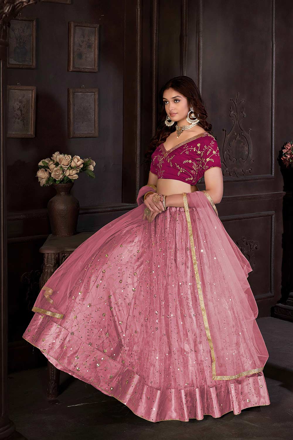 Baby Pink Net Embroidery , sequence . V-Neck Lehenga