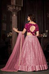 Baby Pink Net Embroidery , sequence . V-Neck Lehenga