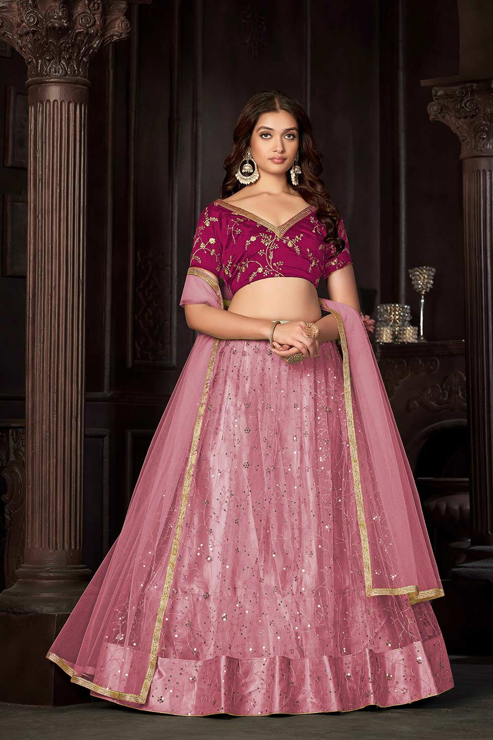 Baby Pink Net Embroidery , sequence . V-Neck Lehenga