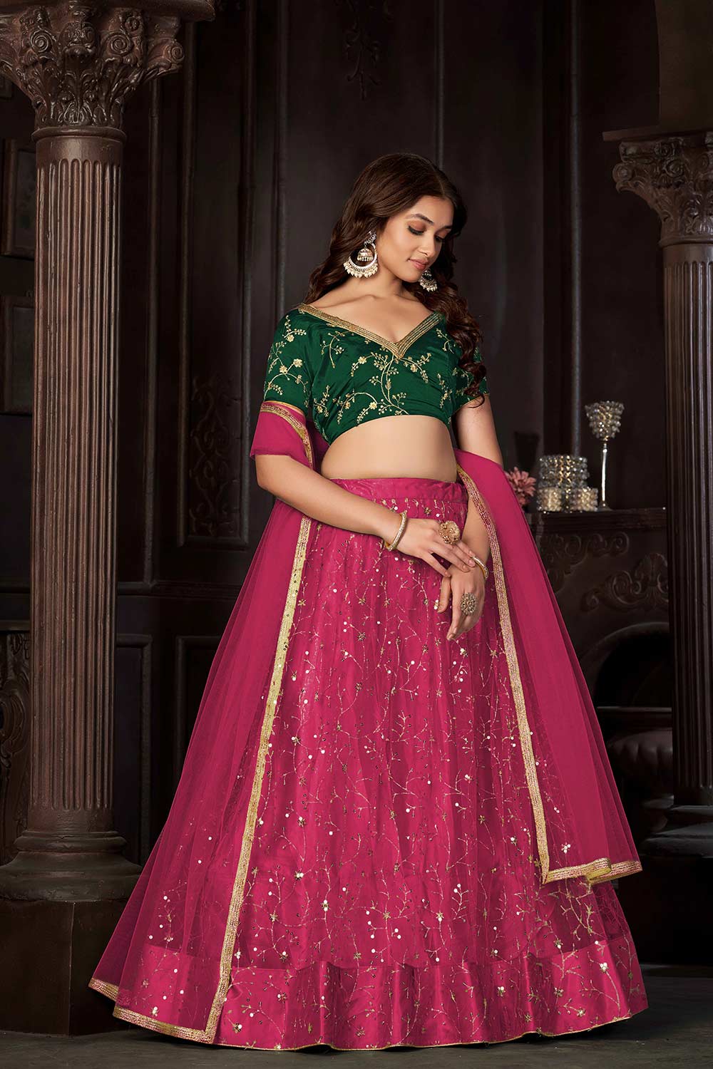 Dark Pink Net Embroidery , sequence . V-Neck Lehenga