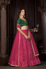 Dark Pink Net Embroidery , sequence . V-Neck Lehenga