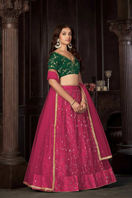 Dark Pink Net Embroidery , sequence . V-Neck Lehenga