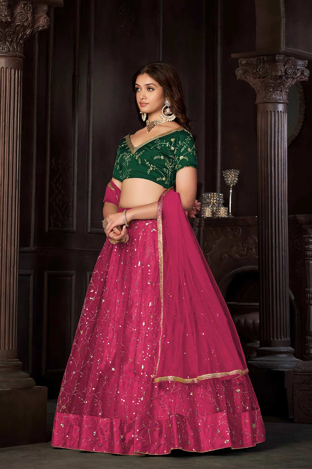 Dark Pink Net Embroidery , sequence . V-Neck Lehenga